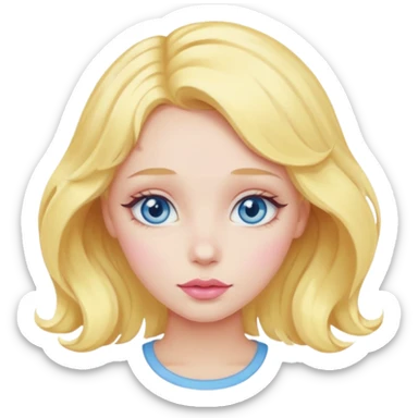 girl with blue eyes, pastel yellow wavy hair, soft pink blush and glossy lips sticker