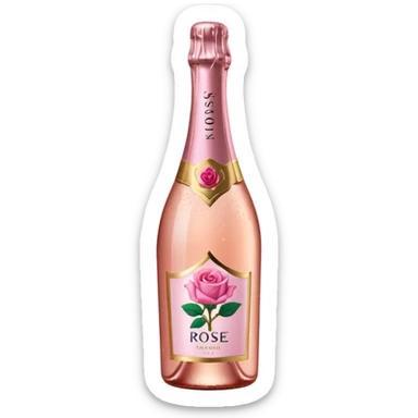 bottle of sparkling rosé with a rose logo on the label, tilted up and to the left, no glass sticker