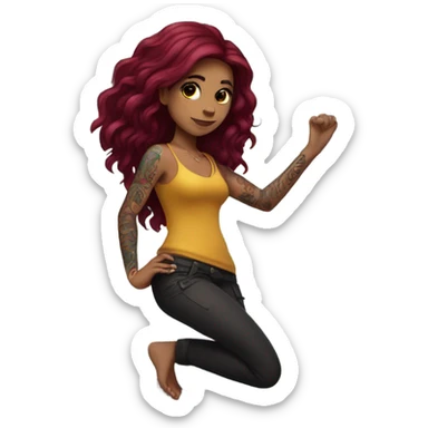 Beautiful tattooed woman long burgundy hair climbing rocks sticker