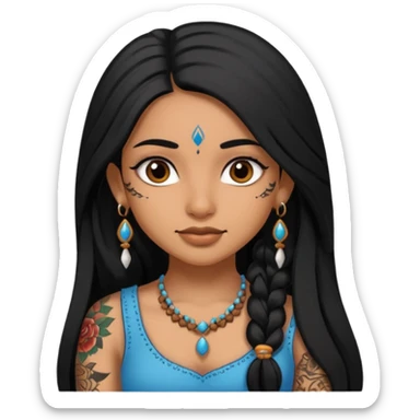 an ios genmoji for a pretty  indian girl with black long hair  tattooed, beautiful girl sticker