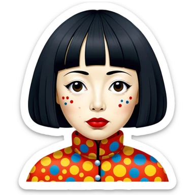 Yayoi Kusama – Cinematic Realistic Portrait of old Japanese artist Yayoi Kusama, depicted as an avant-garde artist with an eccentric, captivating expression surrounded by her iconic polka dot patterns, rendered with vivid textures and imaginative lighting that evokes her unique, surreal creative world. sticker