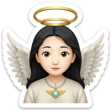 Angel Old Lady with wings black hair asian  smaller eyes w halo sticker