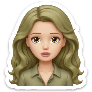 A white Barbie girl with long dark brown wavy hair in pale olive clothes crying sticker