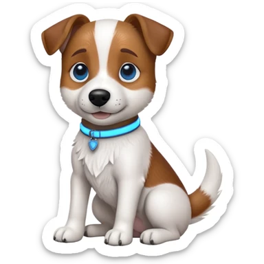 cinematic-[jack russel]-realistic-full-body-sitting-emoji,-tail-resting-loosely-beside-its-paws,blue eyes-head-tilted-dramatically, -scruffy-[brown and white]-fur,-simplified-yet-realistic-focused-features,-highly-detailed,-glowing-with-an-almost-sarcastic-glow sticker