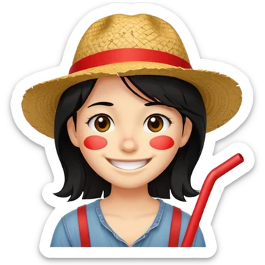 Un personnage avec la peau beige une cicatrice sous l'oeil des cheveux noirs en bataille et un chapeau de paille avec une bande rouge il arbore un grand sourire sticker