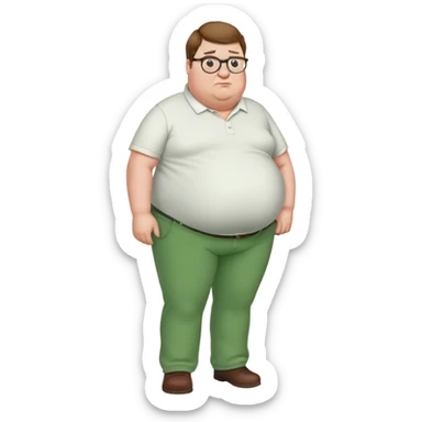 Peter Griffin from Family Guy with a pregnant belly, green pants, white shirt, glasses, and double chin sticker