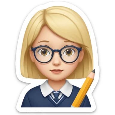 girl kid with glasses → holding a pencil with school uniform sticker