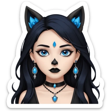 A girl with long black hair and blue eyes, black eyeshadow, black eye liner, mascara, and black lipstick, and black skull earrings. Also a black sexy dress and wolf ears  and a black pendent   sticker