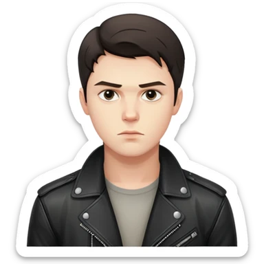 Danila Bagrov from Brother 2 movie, young Russian man with short dark hair, serious expression, wearing black leather jacket sticker