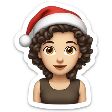 white-girl- short curly dark brown hair- dark brown-eyes-wearing-santa-hat sticker