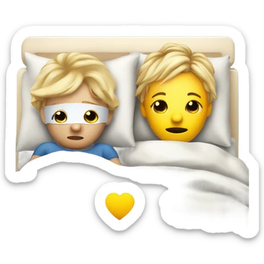 Two blonde children, sick, each in their own bed, wearing masks, one Boy, one girl,, at home, get well soon sign with yellow heart sticker