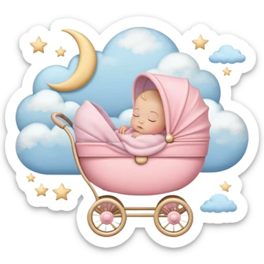 sleeping baby in pink and beige stroller with crescent moon and stars above with pastel blue clouds sticker