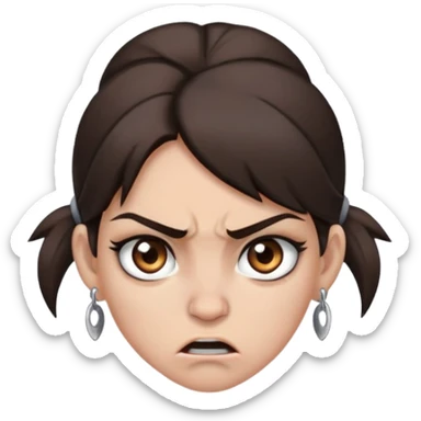angry girl with dark brown hair below shoulders, grey eyes, earring on right side of nose, pierced ears sticker
