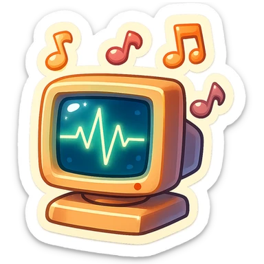 A vintage CRT monitor with a glowing waveform, musical notes drifting upward, energetic and fun retro style sticker