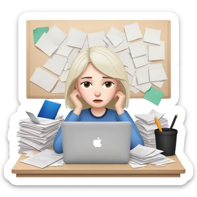 tired woman at a desk with a MacBook, surrounded by messy papers, emphasizing disorganization sticker
