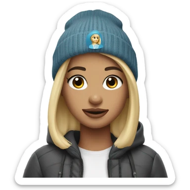 blonde girl with airpod max and a beanie sticker