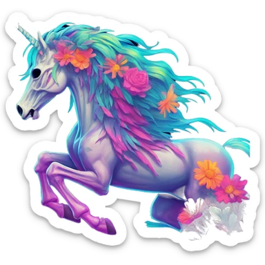 Neon Zombie Pegasus unicorn skeleton psychedelic flowers floral groovy art neon rave raving sticker