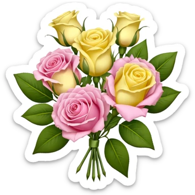 A mixed bouquet of four flowers, featuring pink roses and yellow lisianthus. sticker
