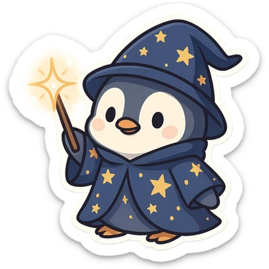 fantasy style penguin wizard casting a spell, with a starry robe and a glowing wand sticker