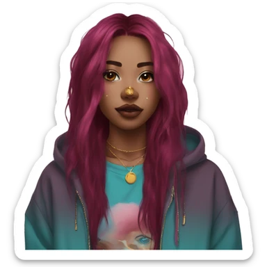 Deep pink maroon burgundy cyan dark hoodie person dyed hair and gold piercings nose piercing ear piercings sticker