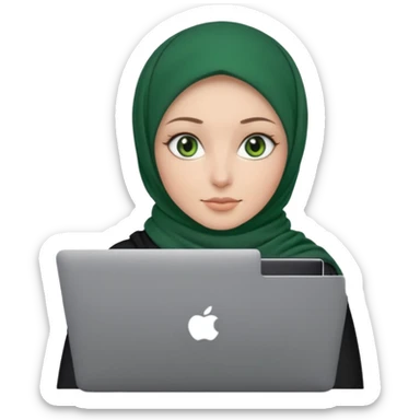 women with black scarf hijab , with green eyes  ,without hair, with macbook sticker