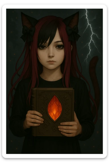 Edit the image to change the female character's facial expression to normal and relaxed, with a neutral mouth and calm eyes. Keep the emo style, pink hair, dark magical accessory, sparkles, and stormy background. Render in a realistic anime style with attention to subtle facial details and mood. sticker