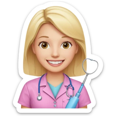 dentista mulher, loira, pele branca, camisa rosa, sorrindo transmitindo verdade e confiança sticker