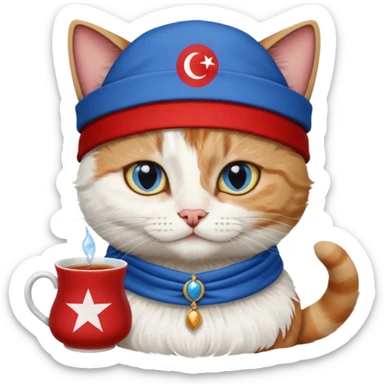 Arkasında Türk bayrağı olan  ve çay içen kafasına fes takan bir van kedisi sticker
