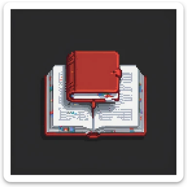 pixel art of a floating red book, opened, on a dark background sticker
