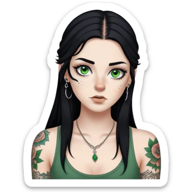 Pale White girl with long black hair and green eyes and freckles. Thin black eyebrows and long eyelashes with eyeliner. Right Eyebrow piercing, right nose piercing, and left lip piercing. Lots of tattoos. sticker
