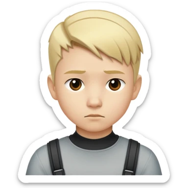 "- Nam
- 10 tuổi
- Da trắng
- Tóc ngắn, vàng, tóc vuốt undercut gọn gàng
- mặt nghiêm túc
" sticker