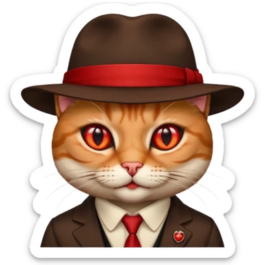 cat corleone mafia, red eyes, close head photo, hat brown with red emblement sticker