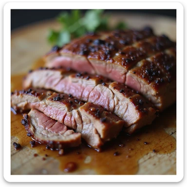 smoked beef brisket, close-up of tender slices, glistening juices, wood background, no text sticker