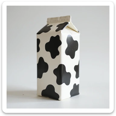 photorealistic carton of milk covered in black and white cow spots, natural lighting, subtle shadows sticker