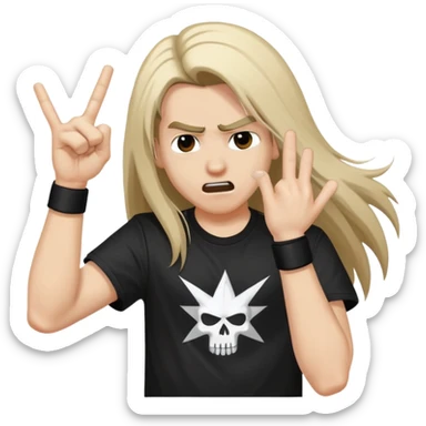 A person headbanging with long hair, wearing a black band t-shirt, making rock hand gesture sticker