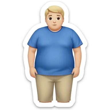 A young slightly overweight male with short dark-blonde hair, medium-light skin, and a relieved facial expression. He stands on a scale, visibly noticing he has lost weight. He wears blue cloth. His posture shows a mix of surprise and relief, with relaxed shoulders and a gentle smile. sticker