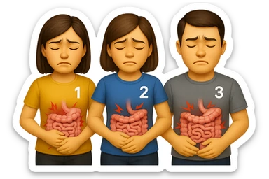 emoji stile iphone di 3 persone, due donne e un uomo, con intestino realistico e mal di pancia, sulle donne ci sono i numeri 1, 2 e sull'uomo il 3, iperrealistico 4k sticker