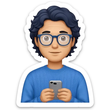 Man with wavy black hair in a comfortable blue sweater and glasses sticker