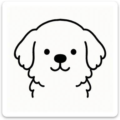 Minimalist kawaii line art of a Golden Retriever dog's head: round, fluffy head, medium floppy ears, very simple face with two dot eyes, tiny round nose, upside-down 'Y' mouth. Thick, bold, clean black lines on white background, symmetrical, calm and sweet expression. No color or shading, just black linework. Slightly hand-drawn but polished, child-friendly. sticker