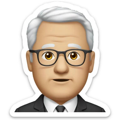 Chubby man of about 60 years of age with grey hair and a bald shin. Small round brown glasses and dark eyes, double chin and chubby face. Chubby pointed nose. Wearing a black suit with waistcoat, jacket and tie. sticker