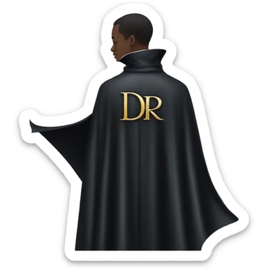 back profile of black magician, cape that says Dior, Dior logo on the cape sticker
