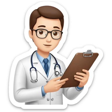 Doctor with clipboard conducting comprehensive medical check-up on patient, routine health examination in clinic sticker