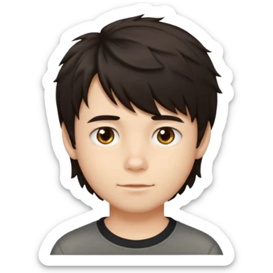 A boy no long hair À emoji that don’t smile Dark brown thick hair with natural volume, medium-length textured top, loose slightly wavy hair, soft messy fringe falling forward, short tapered sides (not shaved), natural unstyled look, realistic emoji style, neutral expression. sticker