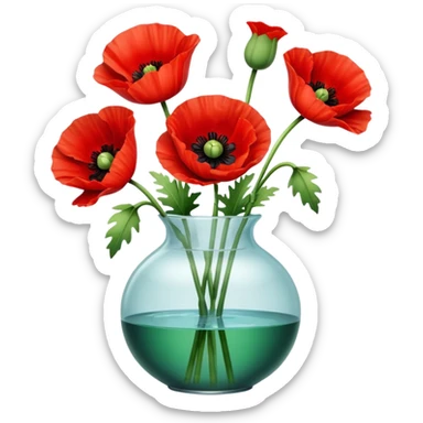 three big realistic poppy flowers in a clear vase with clear water sticker