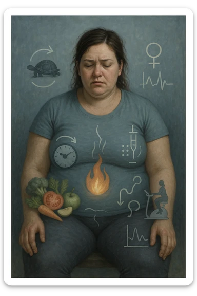 Donna tra i 25 e i 35 anni con fisico leggermente gonfio e postura affaticata, seduta con sguardo stanco. In trasparenza sul suo corpo, si vedono elementi simbolici: una fiamma metabolica molto piccola nel centro dell’addome, una tartaruga accanto a un simbolo di orologio rallentato, indicatori visivi di insulino-resistenza e squilibri ormonali. Intorno a lei: cibo sano non digerito bene, attività fisica poco efficace. Colori spenti attorno al corpo, con toni freddi e lentezza visiva. Stile realistico con elementi infografici e simbolici integrati sticker