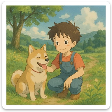 kid and his pet dog in studio ghibili style sticker
