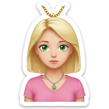 Make a blonde girl with green eyes, who rolls her eyes, in a pink T-shirt with a pendant around her neck sticker