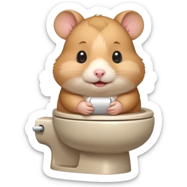 Cute chubby cartoon-style hamster sitting on toilet, sticker-style illustration sticker