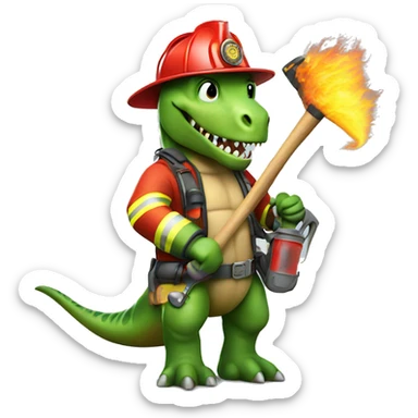 Dinosaur firefighter with hose and axe sticker