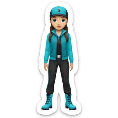 A landscaper in a beautiful turquoise jacket with long sleeves and turquoise boots, black pants, and a black sleeveless shirt. On his head is a black Swissotel baseball cap. The girl is a brunette with blue eyes. sticker
